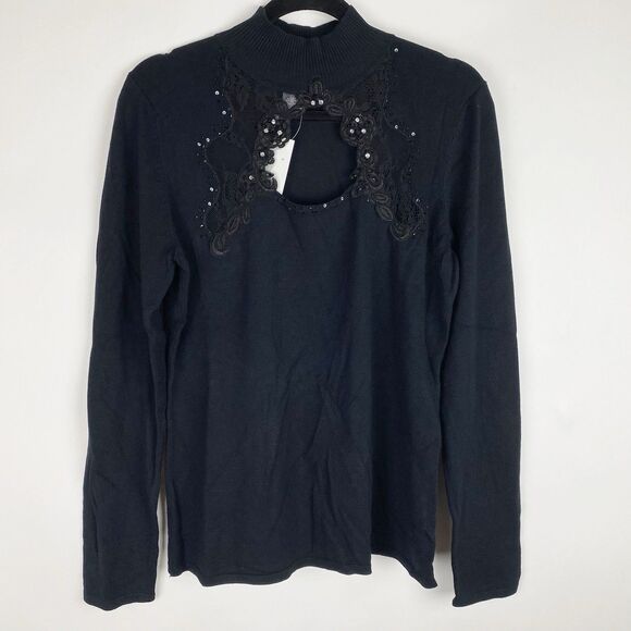 VENUS Black Mock Neck Sweater Keyhole Sequin Mesh Neckline Women L New - Picture 1 of 5